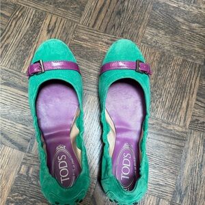 Tod's Cap Toe Green w/ purple buckle Suede Scrunch Ballet Flats Womens 36.5